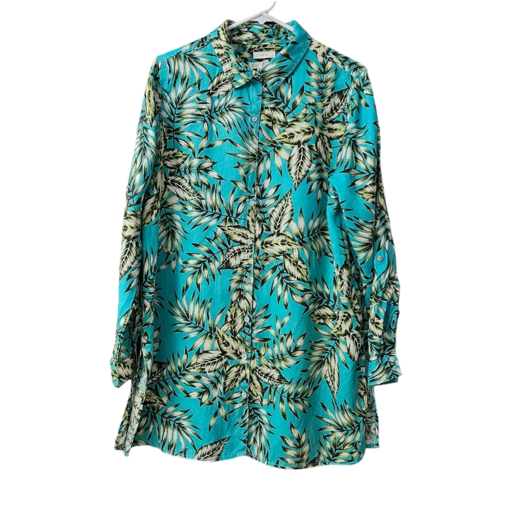 C&C California 100% Linen Top Tunic Button Up Size L Blue Green Vacation Coas…